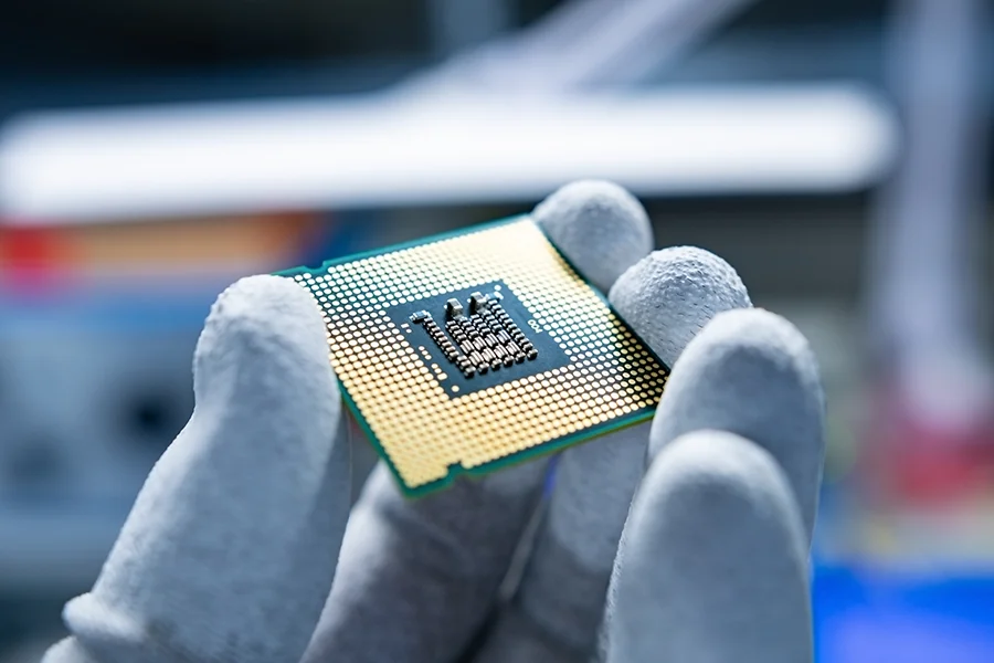 Computer CPU in gloved hand