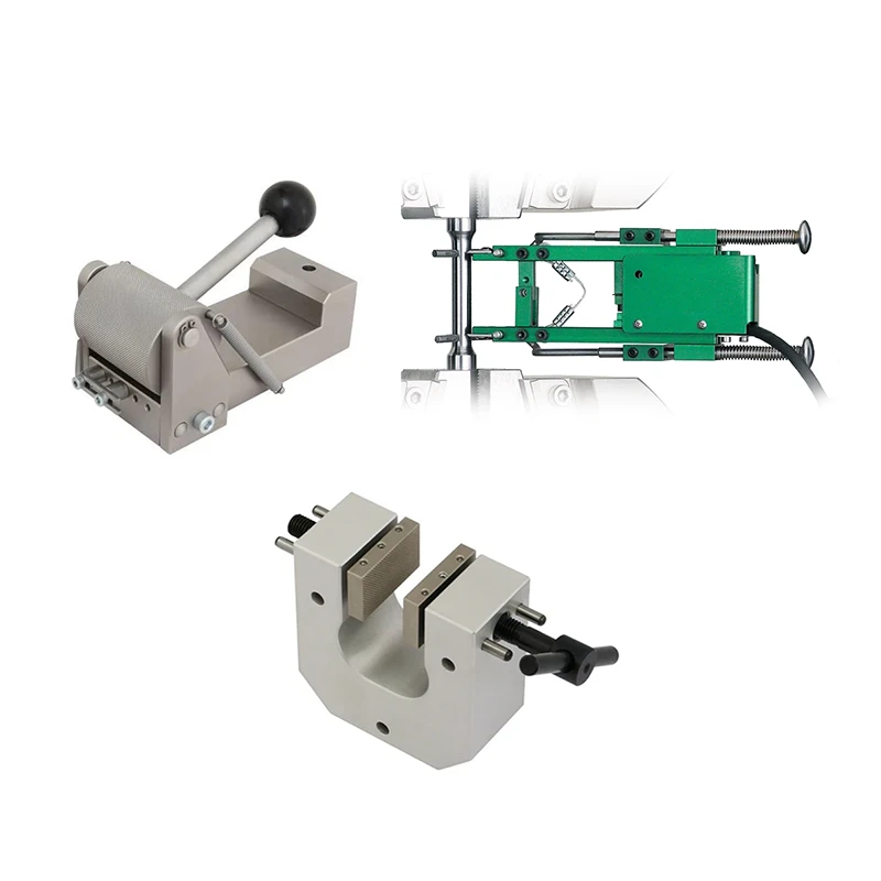 Image of eccentric roller grip, extensometer, and manual vise grip
