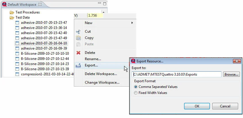 Image of export resource menu on MTESTQuattro