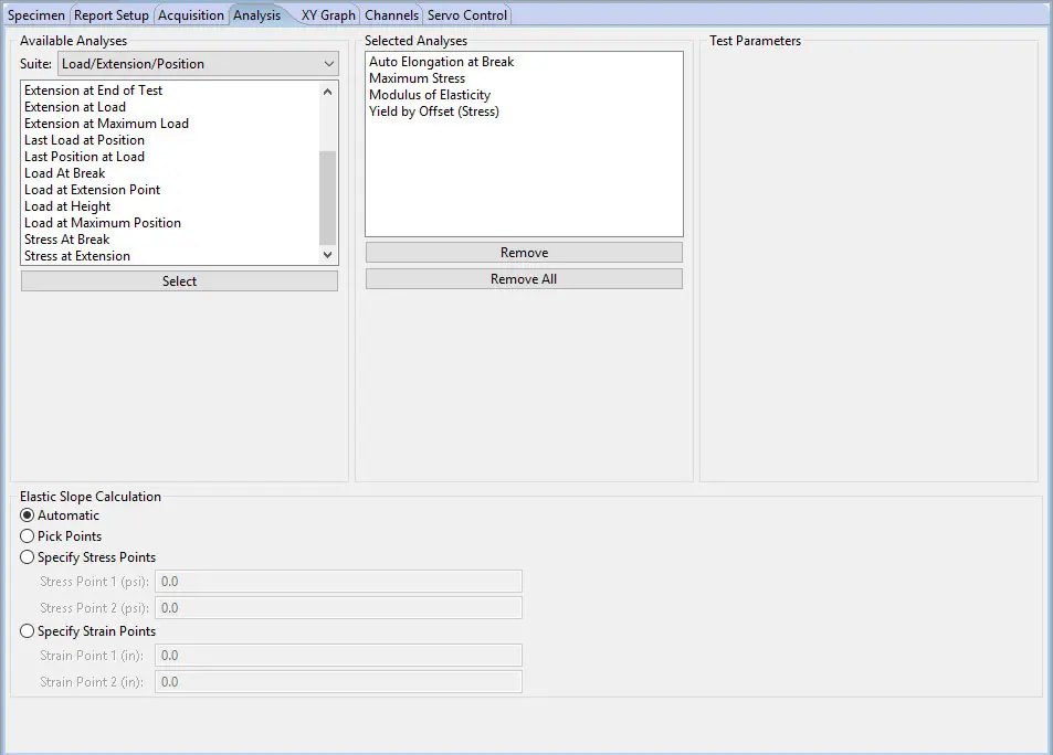 The Analysis tab in MTESTQuattro