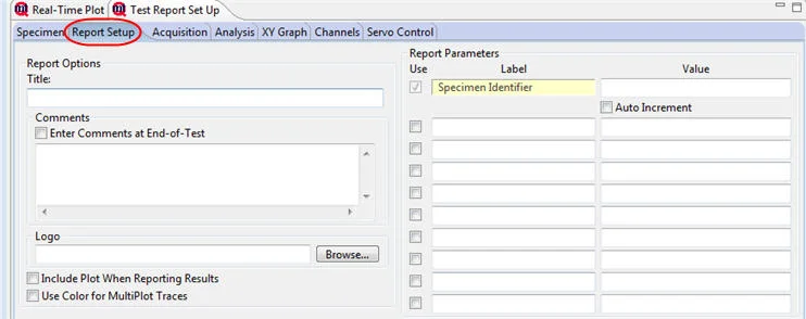 MTESTQuattro test report setup screen 1