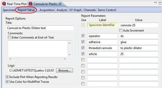 Setting up report tab for torsion test