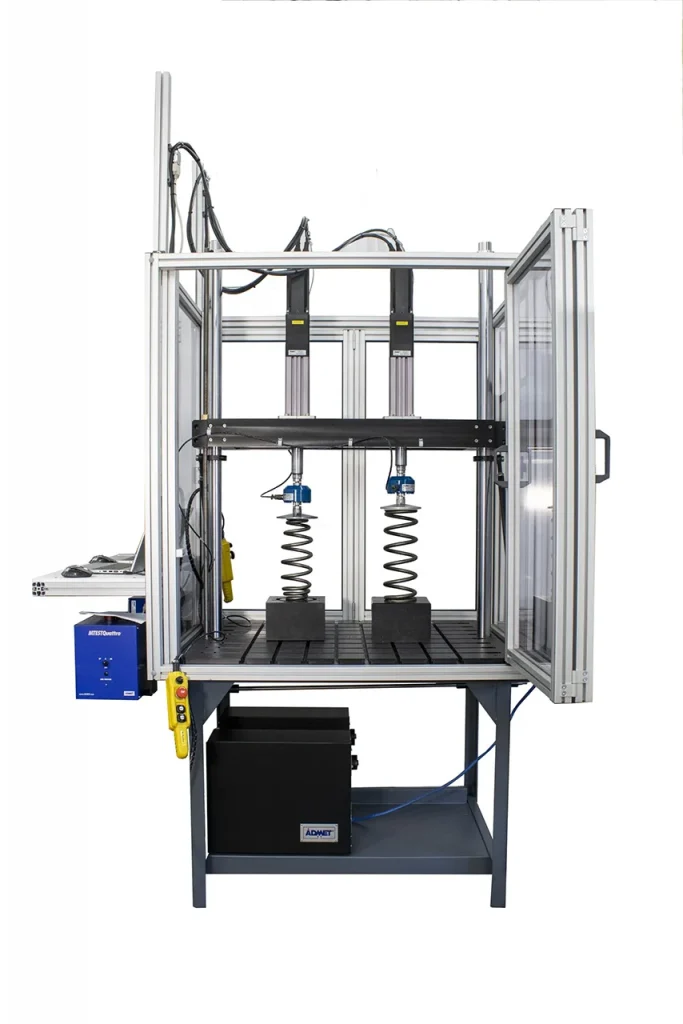 Custom dual actuator bicycle component testing system with spring samples and open safety cage