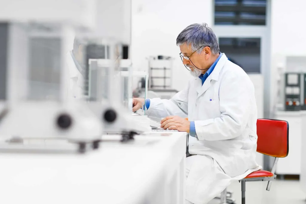 Material research scientist in lab coat