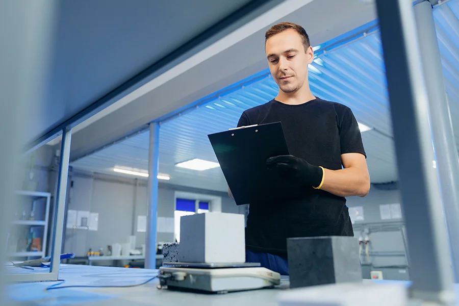 Material testing technician recording weight of concrete cube