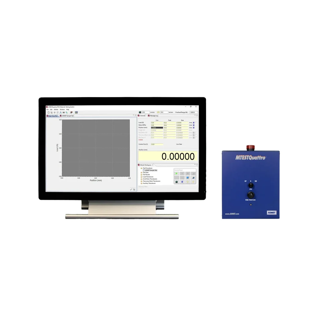 MTESTQuattro controller box with computer screen showing MTESTQuattro software
