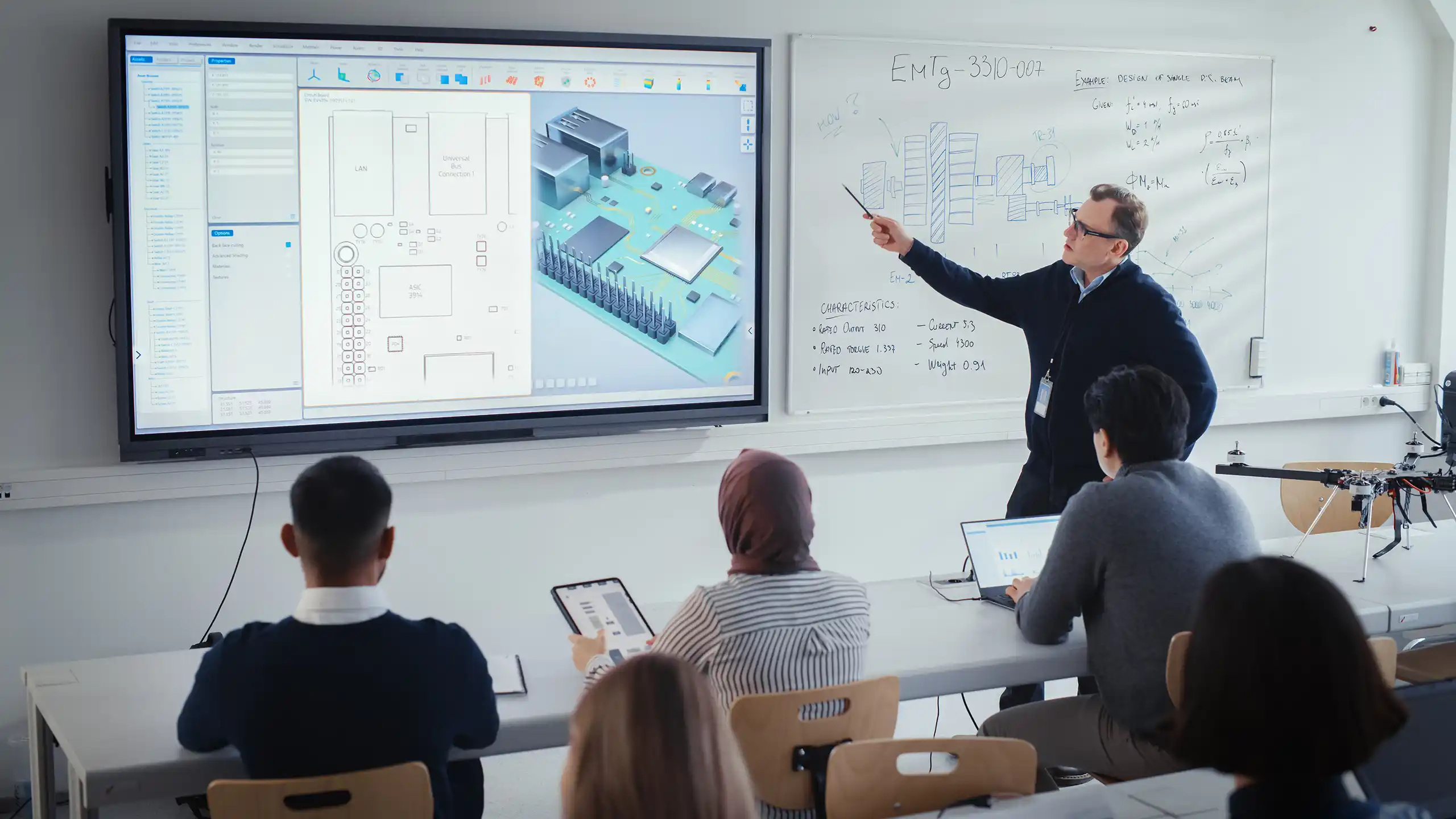 A professor gives a lecture to students with a picture of a circuit board on screen