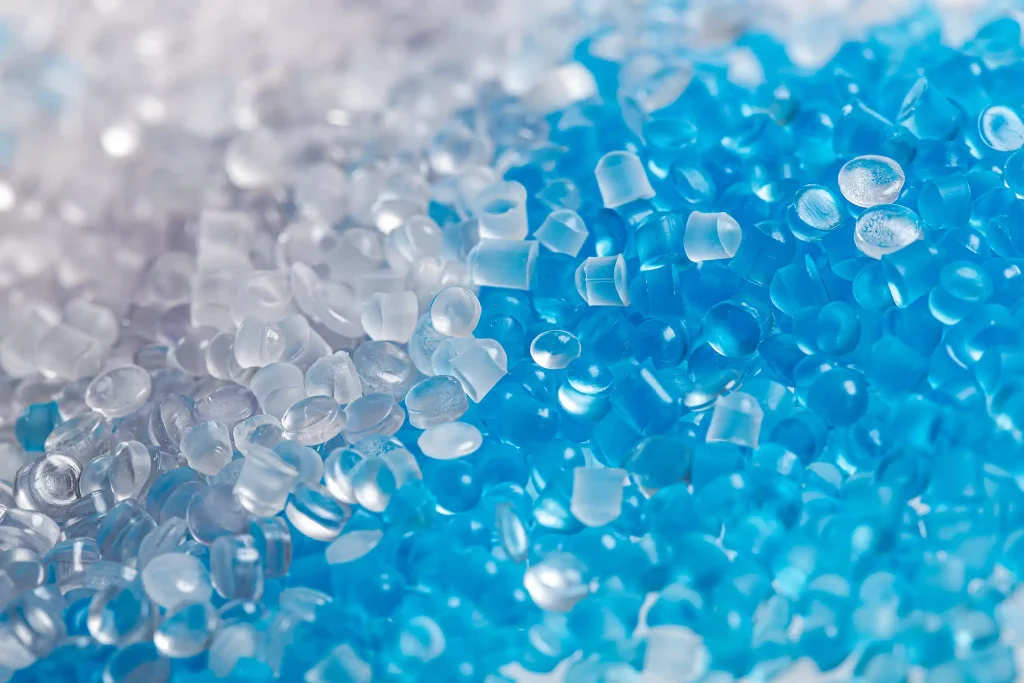 Clear and blue plastic pellets