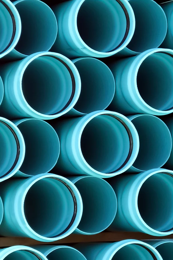 Stack of blue plastic pipes